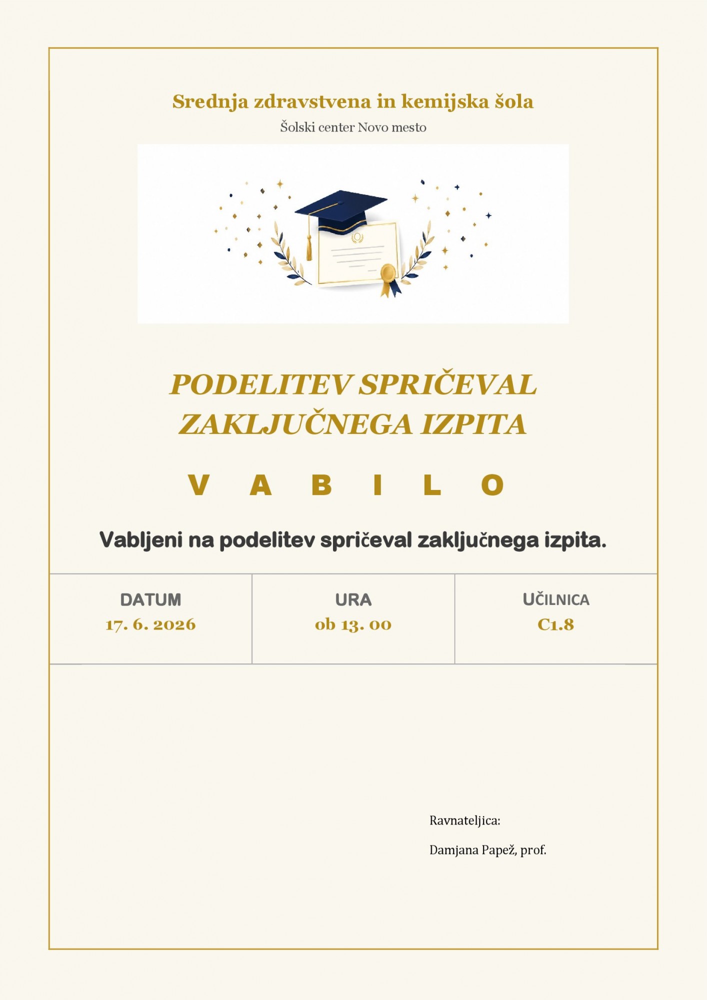 Podelitev spričeval zaključnega izpita