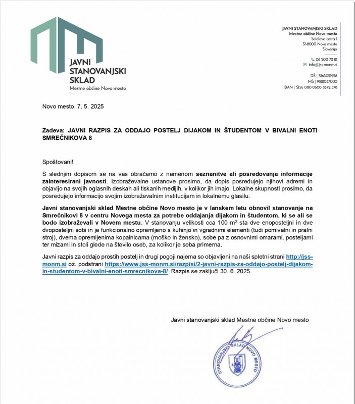 Dopis   bivalna enota za dijake in študente v Nove